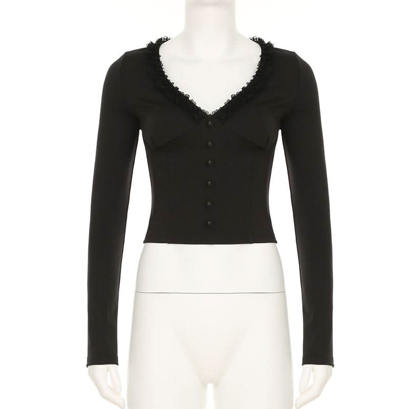 Long sleeve v neck ruffle button top