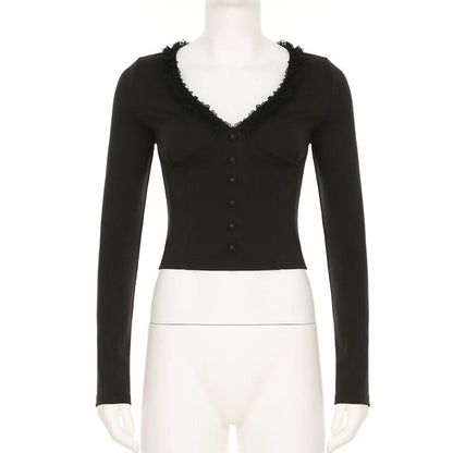 Long sleeve v neck ruffle button top