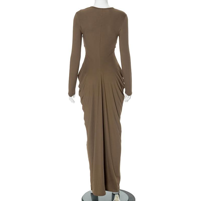 V neck long sleeve cowl neck solid maxi dress