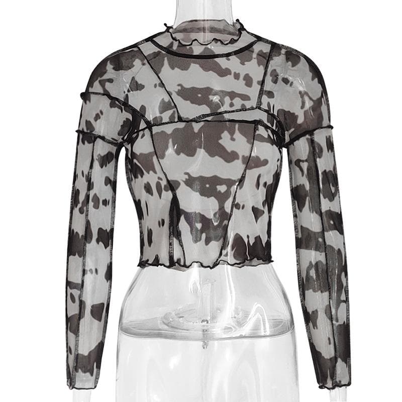 Sheer mesh see through print stitch ruffle open back top