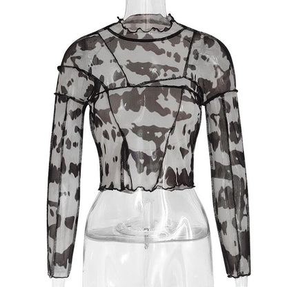 Sheer mesh see through print stitch ruffle open back top