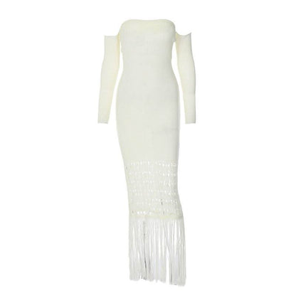 Sweetheart neck off shoulder tassels knitted maxi dress