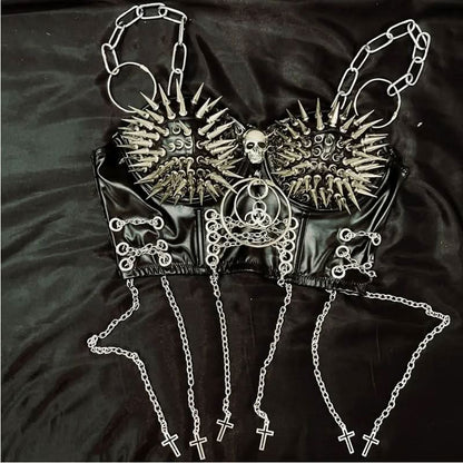 Skull o ring rivet PU leather metal chain cami top
