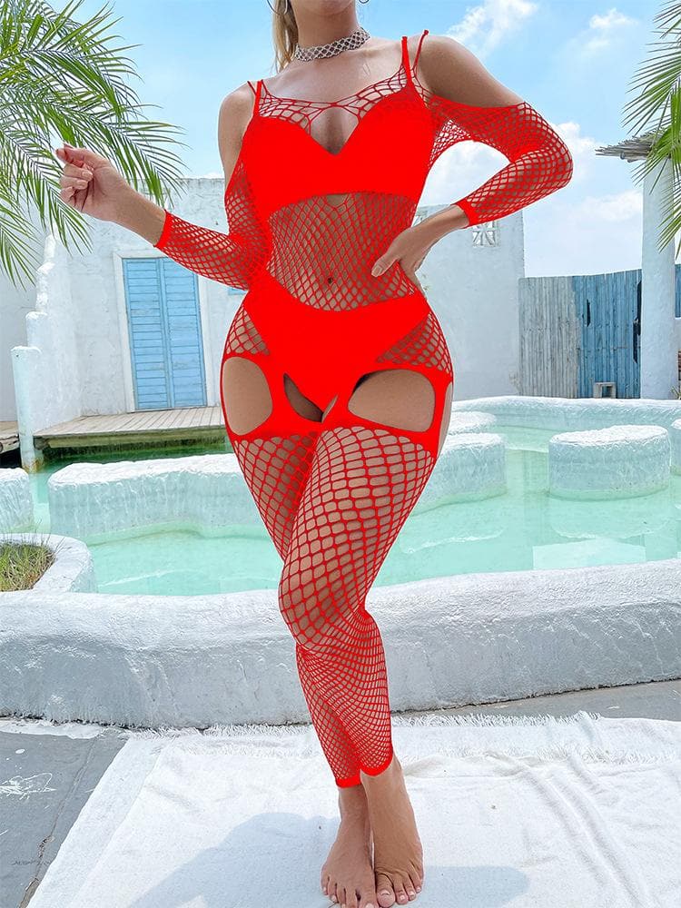 Fishnet hollow out off shoulder open crotch bodystocking