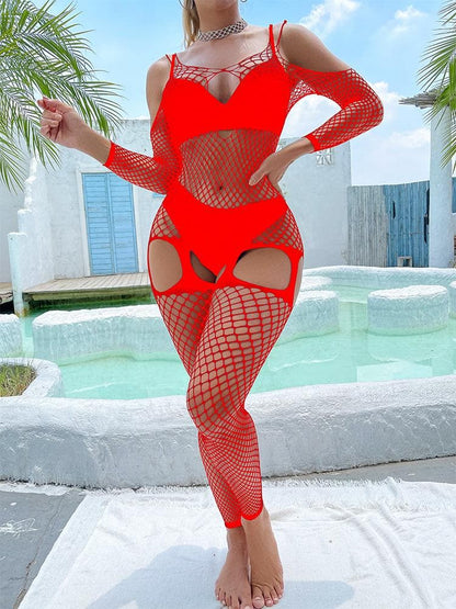 Fishnet hollow out off shoulder open crotch bodystocking