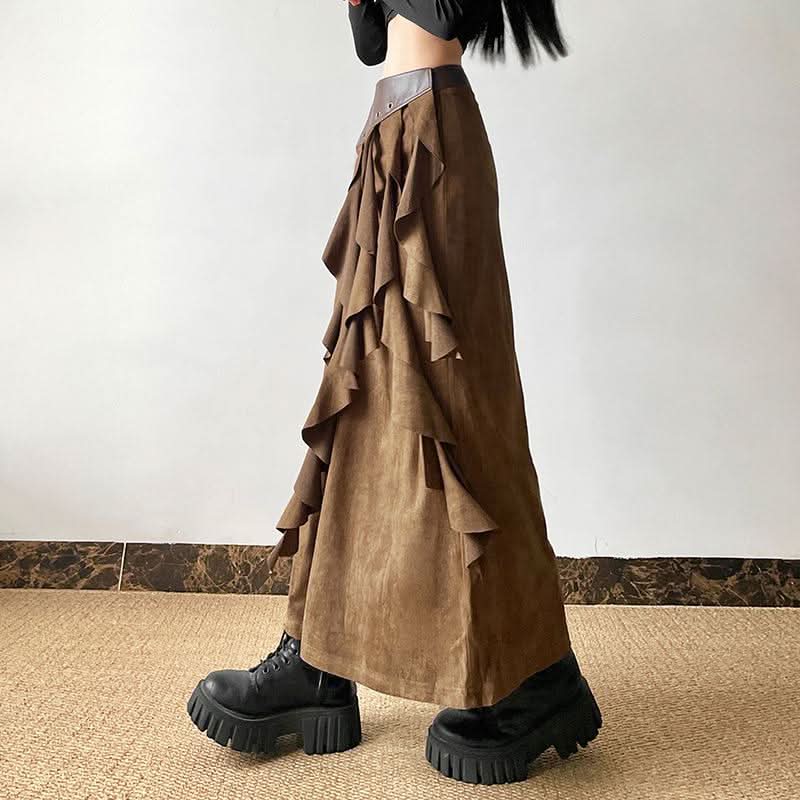 Zip-up ruffle irregular PU leather midi skirt