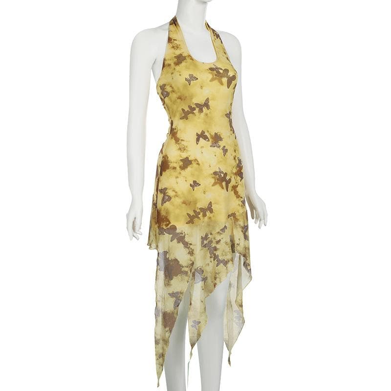 Halter butterfly print ruffle irregular midi dress