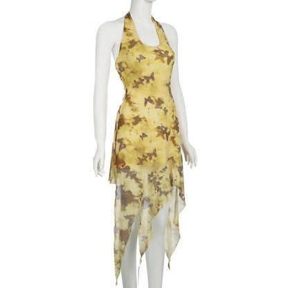 Halter butterfly print ruffle irregular midi dress