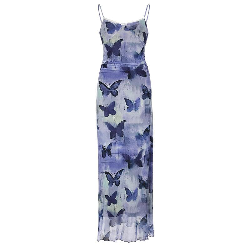 Mesh lace hem butterfly print cami maxi dress