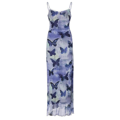 Mesh lace hem butterfly print cami maxi dress