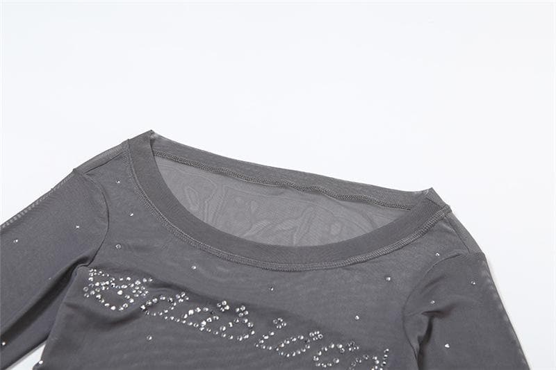 Off shoulder long sleeve beaded sheer mesh solid top