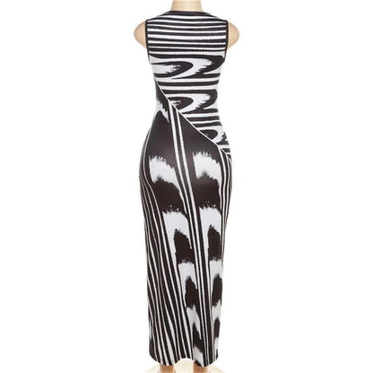 Striped contrast sleeveless round neck maxi dress-final-sale