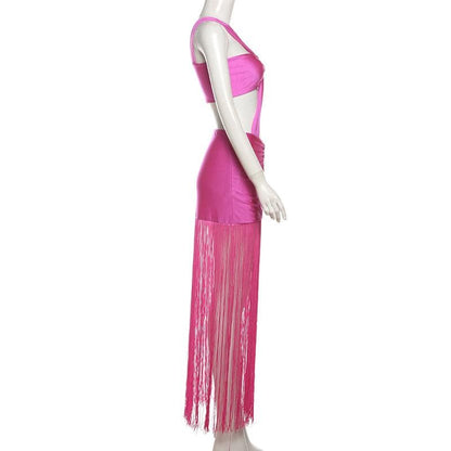 Ruched knotted tassels metallic cami mini dress