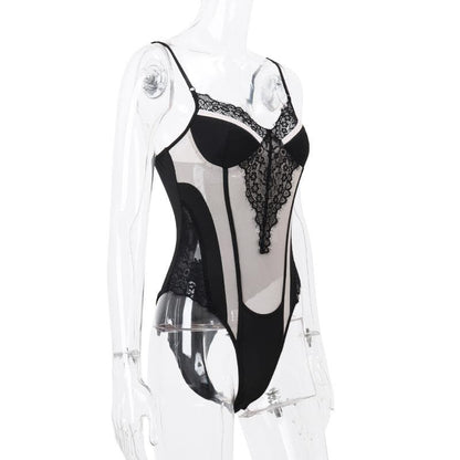 Backless v neck lace hem contrast patchwork cami bodysuit