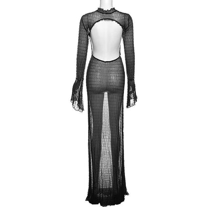 Long flared sleeve textured see through maxi dress