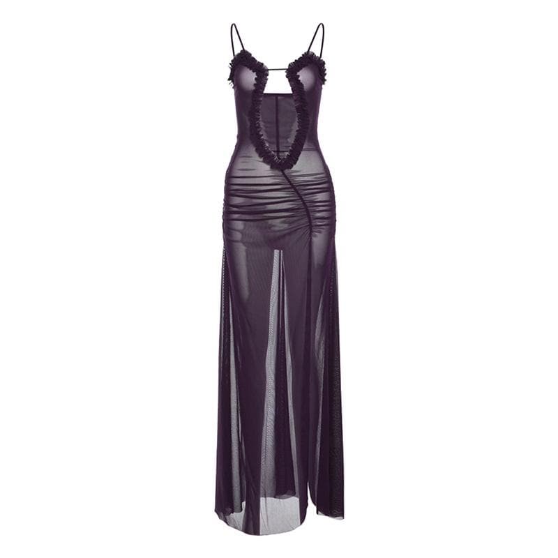 Sheer mesh hollow out ruched high slit cami cut out maxi dress
