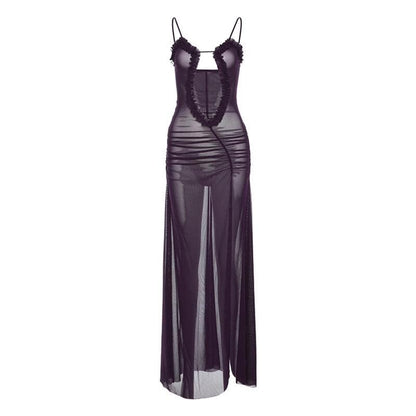 Sheer mesh hollow out ruched high slit cami cut out maxi dress