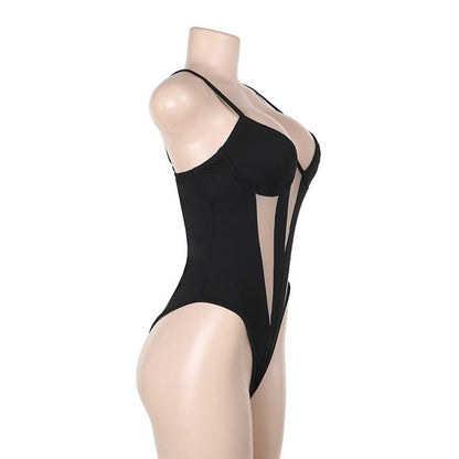 Mesh patchwork backless low cut cami bodysuit