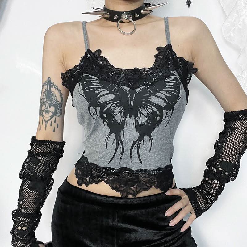 Butterfly print lace hem cami top