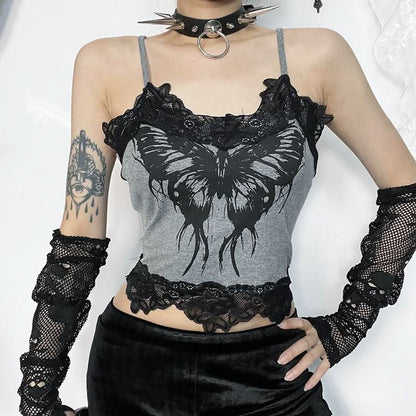 Butterfly print lace hem cami top