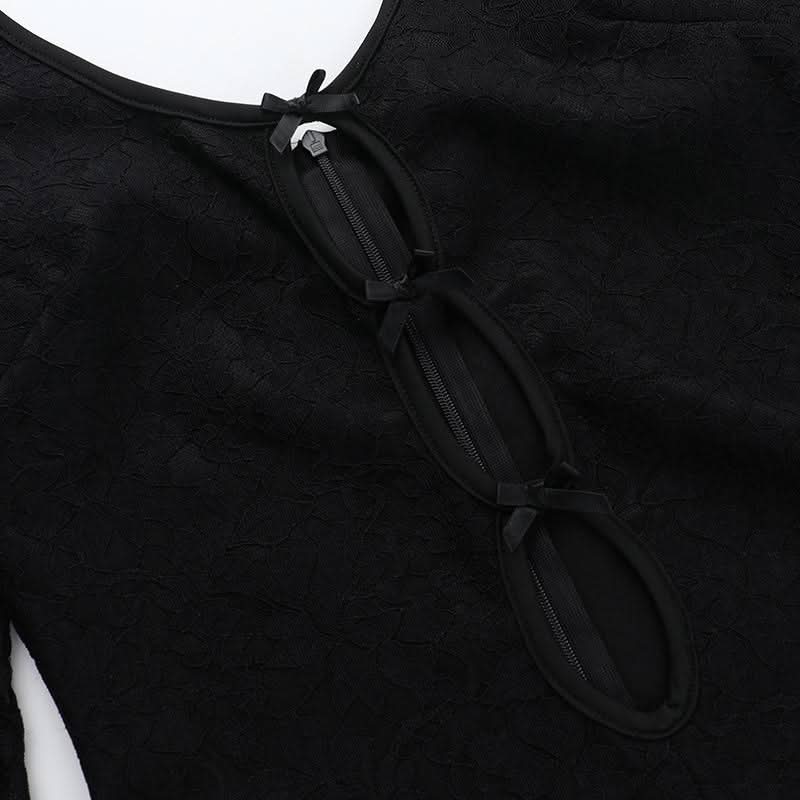 Hollow out zip-up bowknot lace hem long sleeve romper