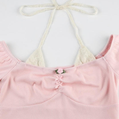 Short puff sleeve off shoulder halter ribbed top