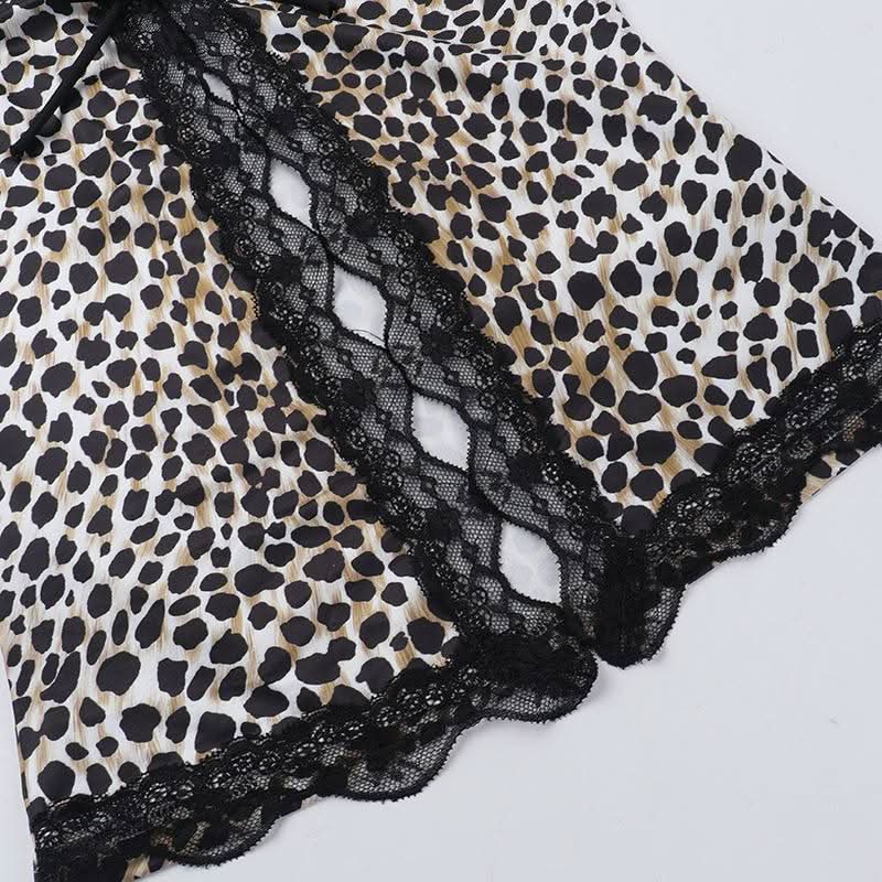 Leopard print lace hem hollow out v neck cut out top