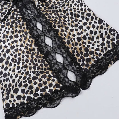 Leopard print lace hem hollow out v neck cut out top