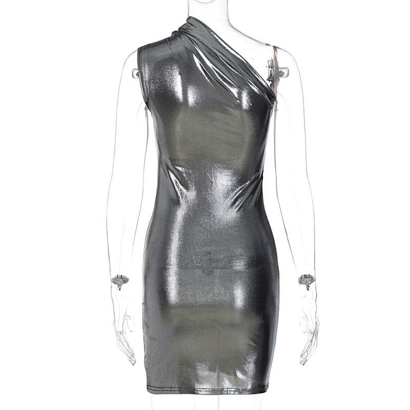 Metallic One Shoulder Ruched Asymmetric Bodycon Mini Dress