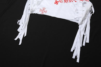 Sleeveless print tassel crop mini skirt set