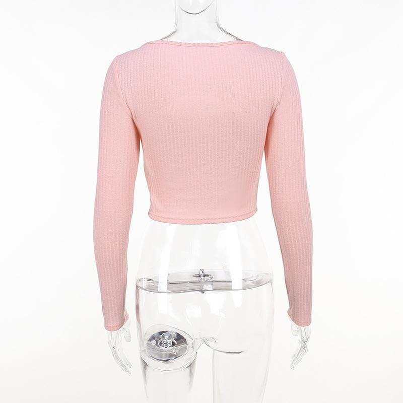 Long sleeve knitted hollow out ribbed cross front crop cut out top