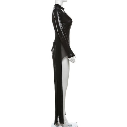 Long sleeve high neck PU leather hollow out mesh bodysuit-final-sale