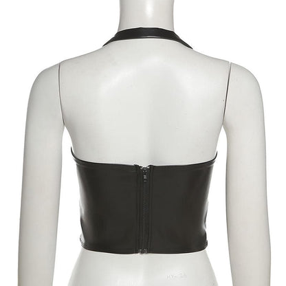 Halter PU leather buckle zip-up stitch solid top