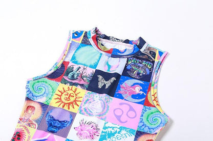 Sleeveless Mock Neck Patchwork Graphic Print Bodycon Maxi Dress