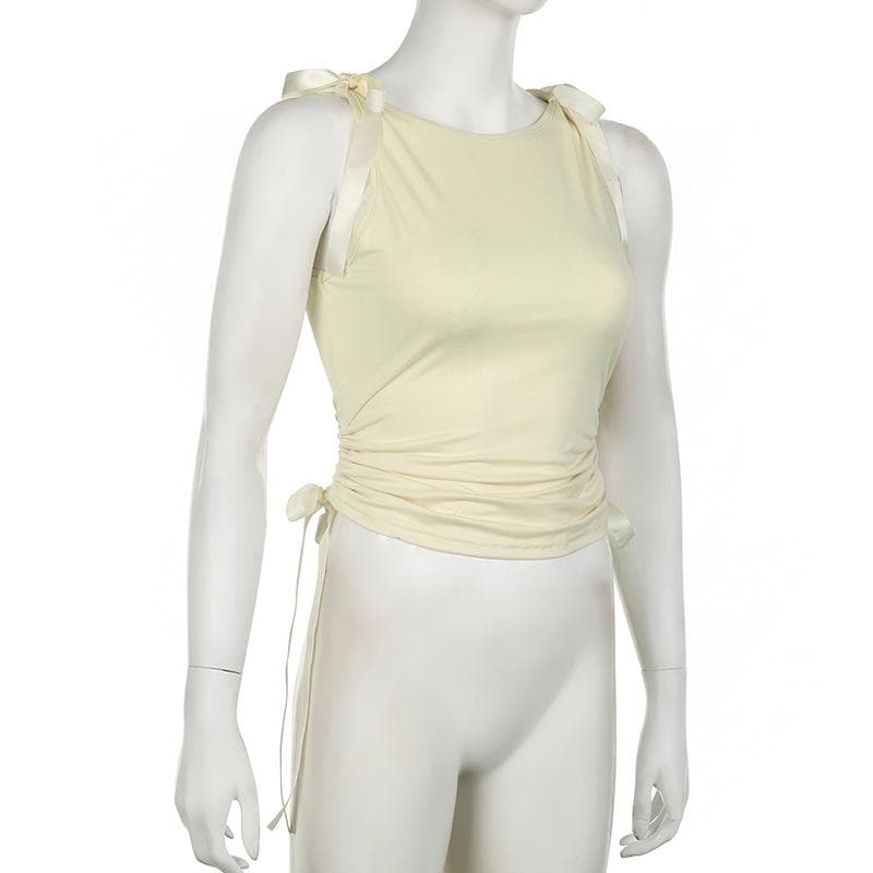 Bowknot ribbon ruched crewneck crop top