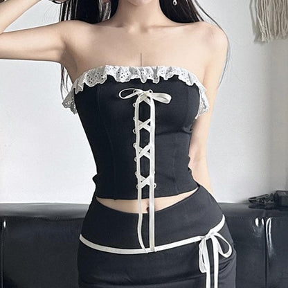 Ruffle lace up contrast backless tube top