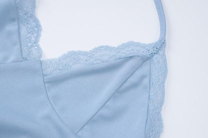 Halter v neck drawstring ruched lace hem pant set