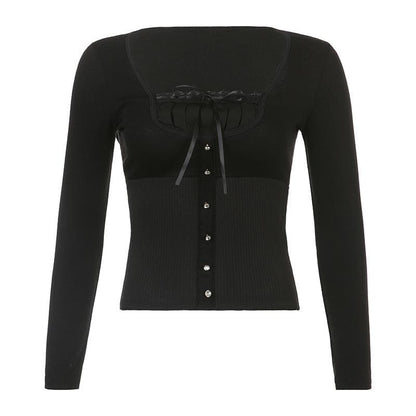 Solid long sleeve lace hem button self tie top