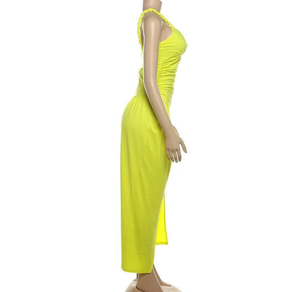 One shoulder slit ruched hollow out cut out midi dress