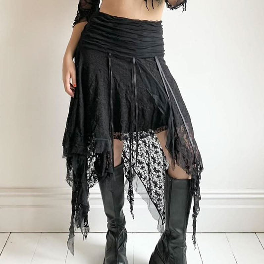 Irregular bowknot ribbon ruched lace solid midi skirt