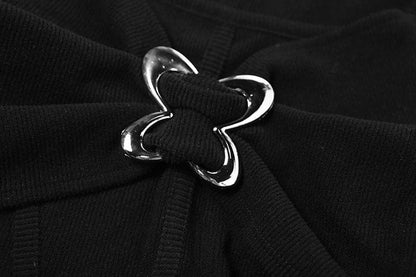 Patchwork butterfly buckle long sleeve solid square neck crop top