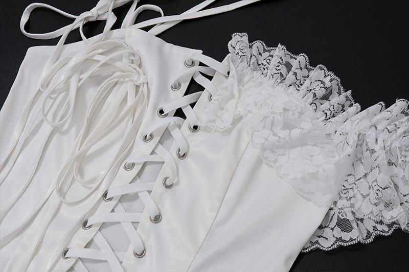 One off shoulder irregular lace up satin ruffle puff skirt set