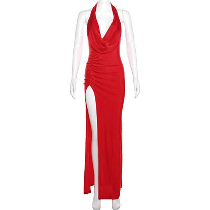 Ruched high slit cowl neck backless maxi dress