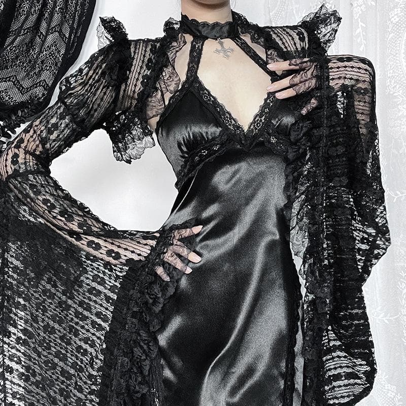 Long flared sleeve lace ruffle shrug top