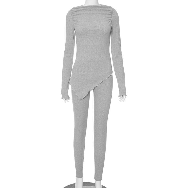 Long sleeve irregular ruched solid pant set