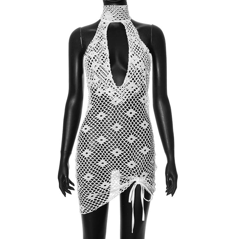 Halter knitted fishnet see through irregular mini dress