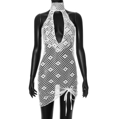 Halter knitted fishnet see through irregular mini dress