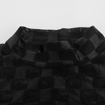 Mock Neck Long Sleeve Sheer Mesh Checkerboard Print Bodycon Maxi Dress