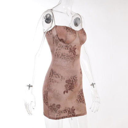 Leopard print sweetheart neck backless cami mini dress