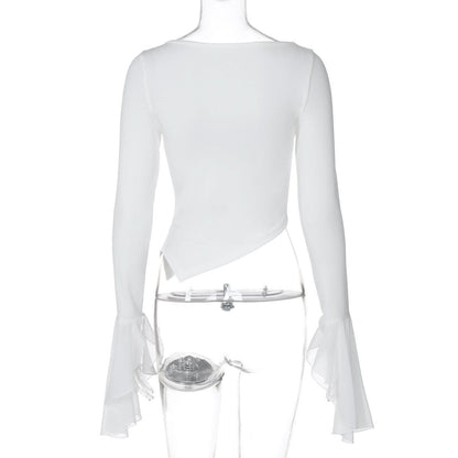 Long flared sleeve crewneck irregular solid top